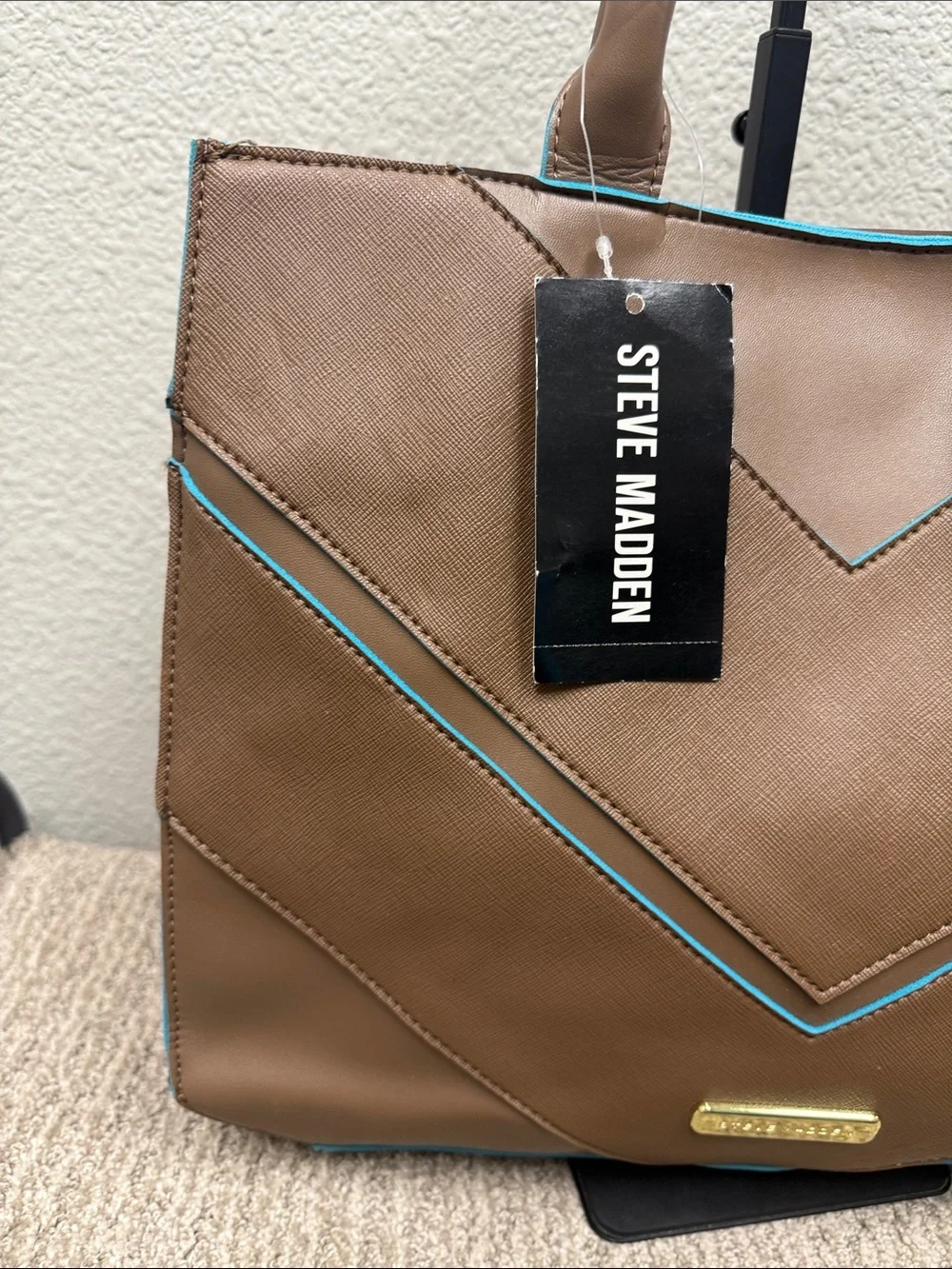 Vintage Steve Madden B Garrett Safiano Brown  Chevron Tote with Teal Trim